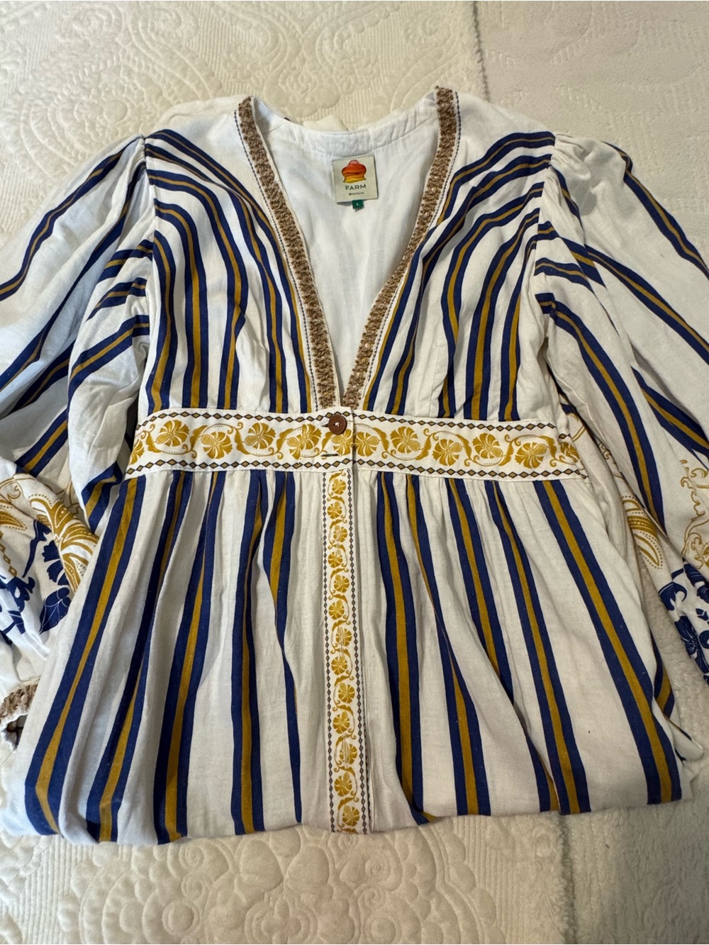 FARM Rio Button-Front Maxi Dress in White, Navy & Gold - Size L - Picture 3 of 6